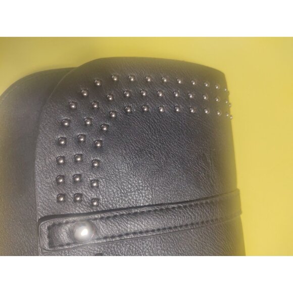 Black Leather sling bag with metal beading, has a button closure 8" x 7" - Picture 7 of 11